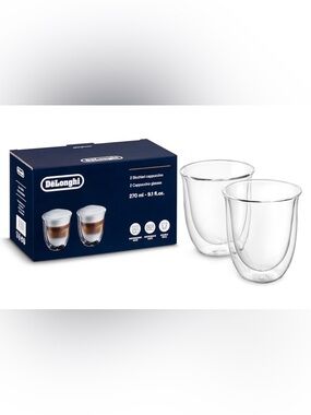DēLonghi Double Wall Glass Cappuccino CUPS. A Set of 2.  270ml - 9.1 fl.oz. New!